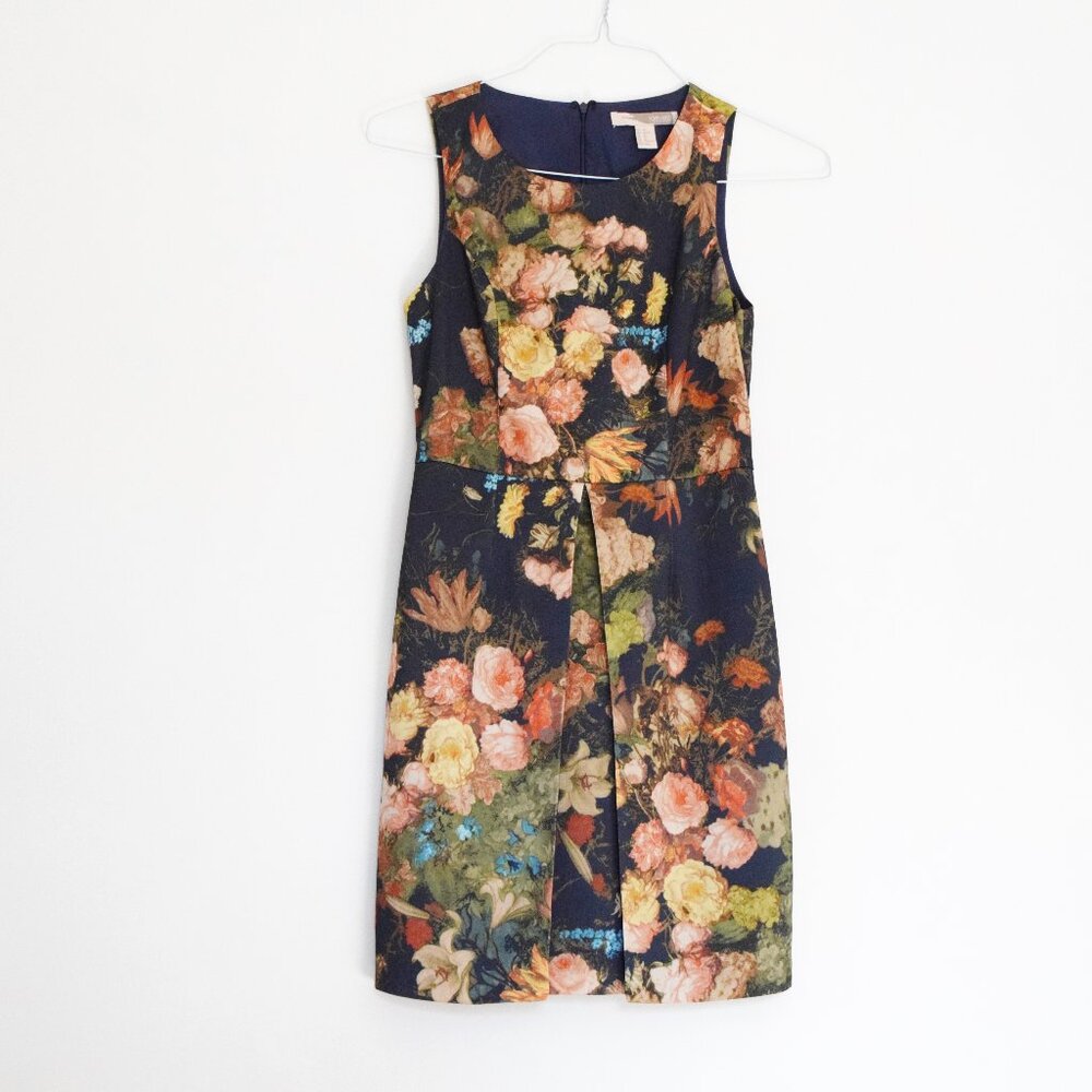 Dark Blue English Rose Garden Floral Printed Tulip Hem Pencil Dress | Size XS